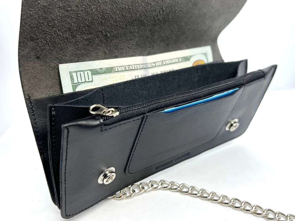 Genuine Leather Men's Biker's Long Wallet Trucker Motorcycle Trucker Steel Chain - Image 2 of 4