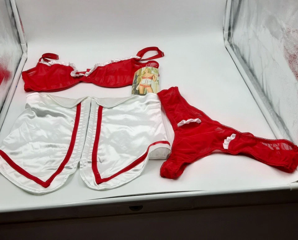 Elegante Momentos Para Mujer 38 3 Piezas Conjunto Sujetador Corsé y Botín Pantalones Cortos Blanco Rojo Bonito Nuevo Foto 2 de 4