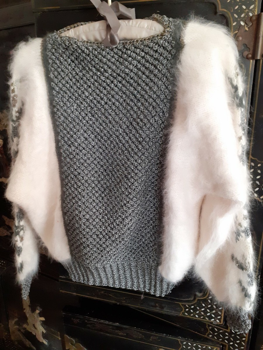 Pull Anny Blatt En Angora Blanc - Col Et Poignets En Ruban - Taille XL - Fait Main En France - Neuf Sans Étiquettes