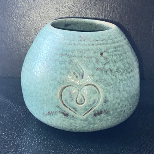 Pottery heart vase, turquoise and brown, 3” ceramic studio piece signed