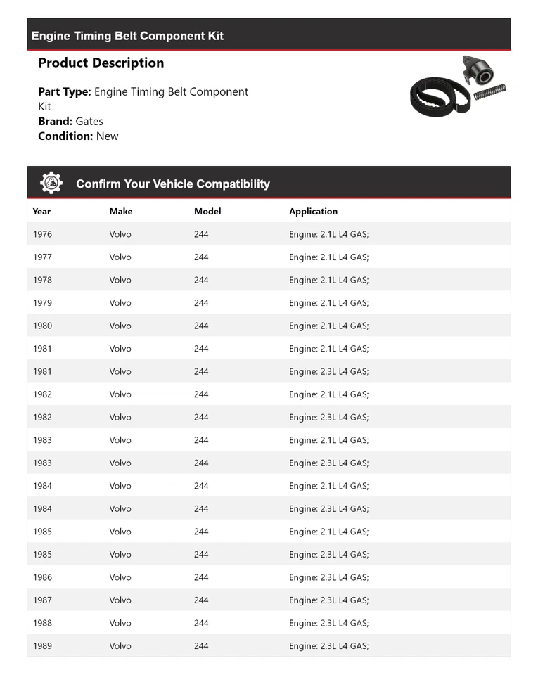 Kit de componentes de correa de distribución de motor Volvo 244 1976-1989 puertas 1977 1978 1979 Foto 2 de 4