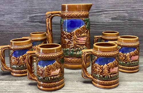 Vintage Ceramic Beer Jug 8 Stein Cups Embossed Hunter And Wife Dog Rabbit Japan - Picture 4 of 11