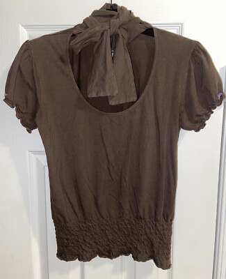 Project E Vintage Women s Brown Short Sleeve Scarf Style Blouse Shirt Top Medium
