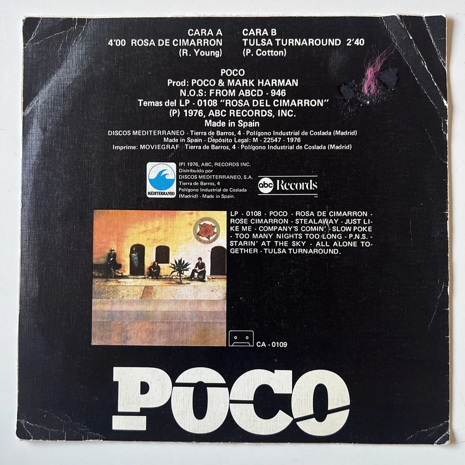 POCO - Rosa De Cimarron 45rpm IMPORT Single 1976 Country Rock Classic - Image 2 of 4