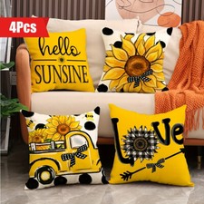 HOT 4 Pieces Sunflower Fresh Style Linen Throw Pillow Cover