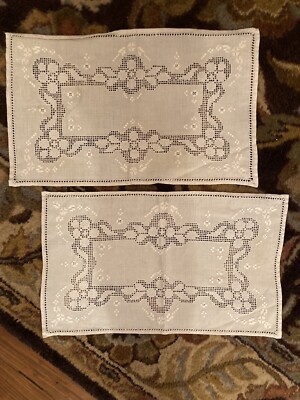 VTG 11 x 17 Rectangle Doily with  Whitework & Cutout Lace Edging Set of 2