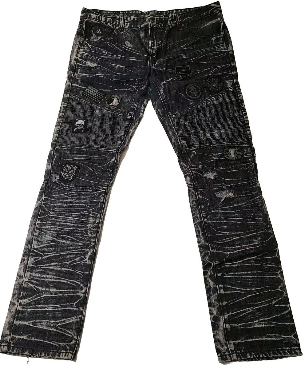 DNM Collection Men's Distressed Acid Washed Moto Jeans With