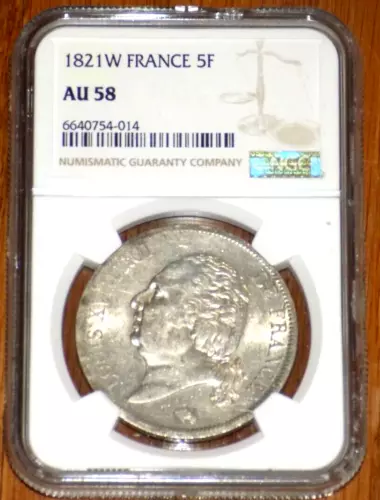 NGC FRANCE Louis XVIII 1814-1824 5 Five Francs 1821 W Lille AU 58 ABOUT UNC COIN