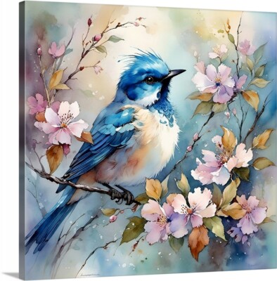 a Blue bird On Tree Limb & Flowers Art Canvas Wrap up to 40x40