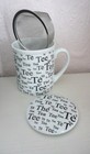 Schöne 3-tlg. TEE-TASSE "TEE", weiß/schwarz mit Sieb u. Deckel, 10 cm, NEU!