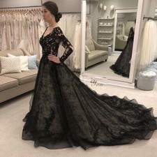 Black Lace Long Sleeve V Neck Ball Gown Long Train Formal Evening Wedding Dress