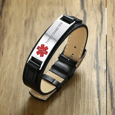 Women Men Medical Alert ID Leather Bracelet Statement Engraved TYPE 2 DIABETES