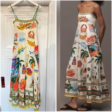 ALEMAIS PARADISO LINEN DRESS MAXI SPAGHETTI STRAP US 6 PRINTED RESORT