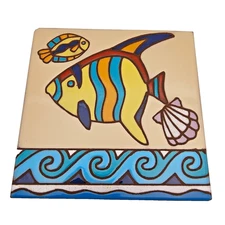 Vintage 1999 Earthtones Tile Trivet Terracotta 5.75" Ocean Beauty Tropical Fish