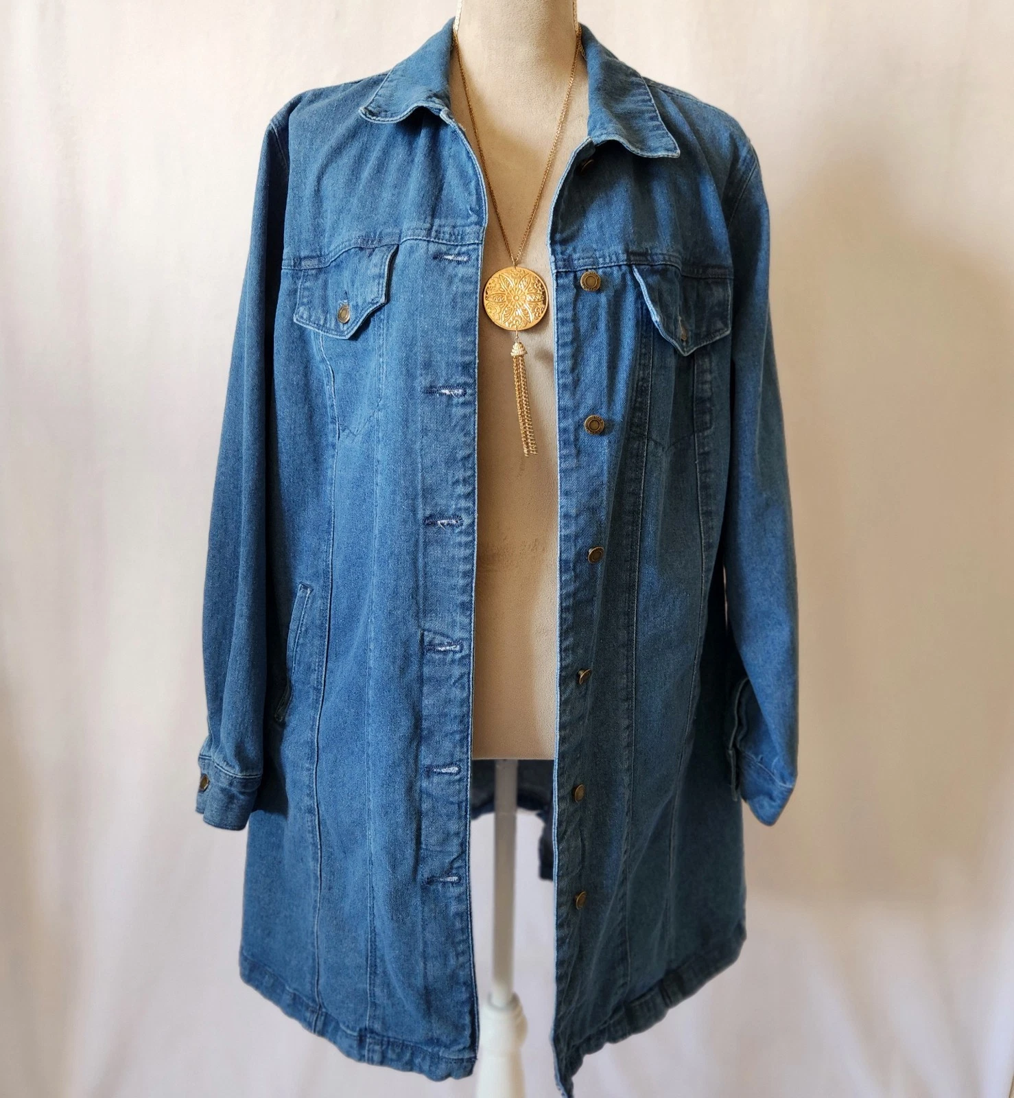 Jessica London Women's Plus 20W Long Sleeve Button Down Long Blue Denim Jacket