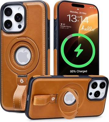 iPhone 16 Pro Max Leather Case with Stand, Anti-Slip Grip Ring, Fits for MagSafe