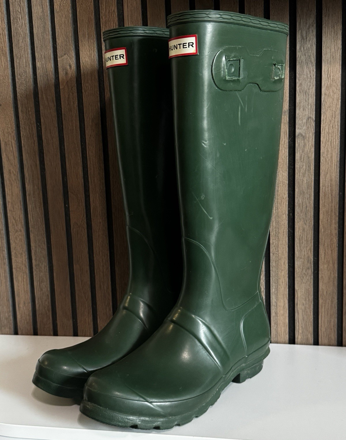 Hunter Men's Knee High Green Rubber Rain Boots Round Toe Buckle US 7