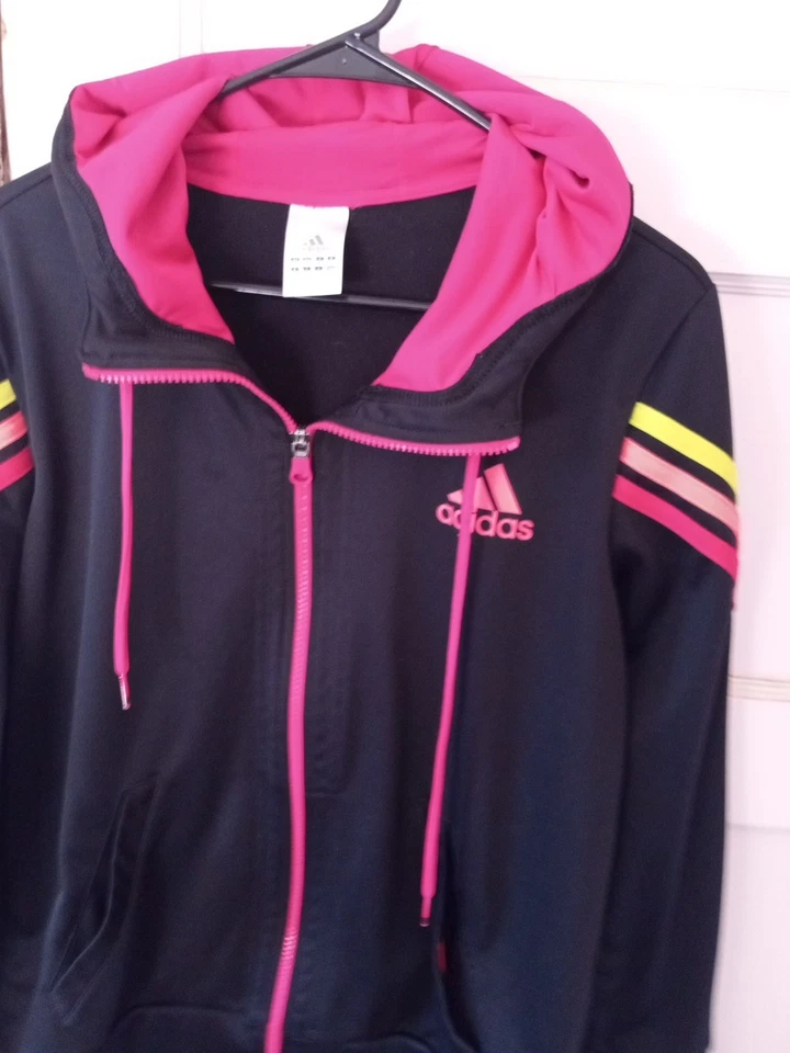 Women's Size Large Hooded Full Zip Adidas Jacket Black With 3 Neon Stripes - Image 3 of 4
