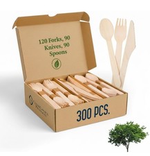 Compostable Cutlery Set-300pc Wooden Utensils 120 Forks, 90 Spoons, 90 Knives