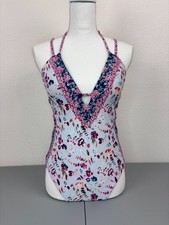 Lucky Brand women's large blue floral plunge neck crossback one piece swimsuit