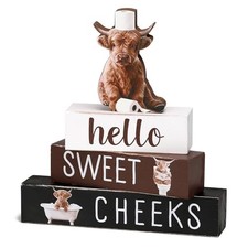 4 Pcs Bathroom Decor, Rustic Hello Sweet Cheeks Wooden Signs with Highland Cow