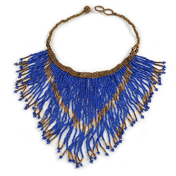 Statement Glass Bead Bib Style/ Fringe Necklace In Blue/ Bronze - 40cm Long/
