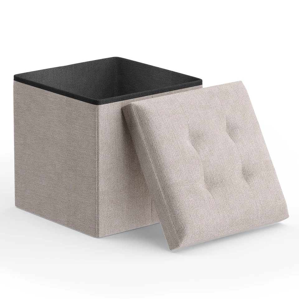 Beige Classic Storage Fabric Ottoman Cube Living Room Home Décor Footrest Stool - Image 2 of 4