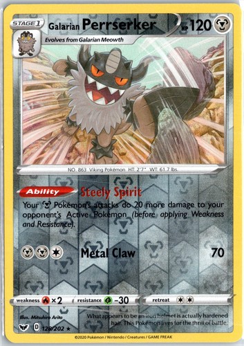 Galarian Perrserker Reverse Holo Rare SWSH01: Sword & Shield Base Set 128/202 NM
