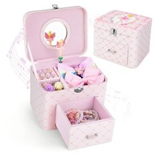 Musical Jewelry Box for Girls PU Leather Music Box with Drawer Pink Ballerina