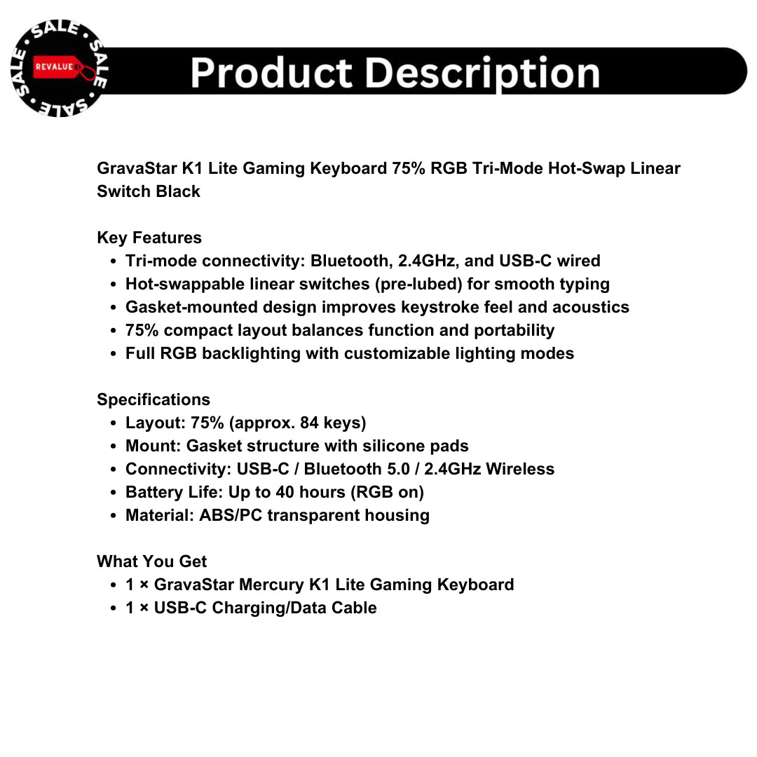 GravaStar K1 Lite Gaming Keyboard 75% RGB Tri-Mode Hot-Swap Linear Switch Black