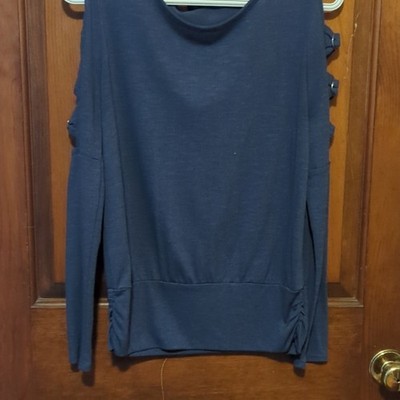 BCX Blue Solid Knit Round Neck Long Sleeve Women's Ring Accent Top M