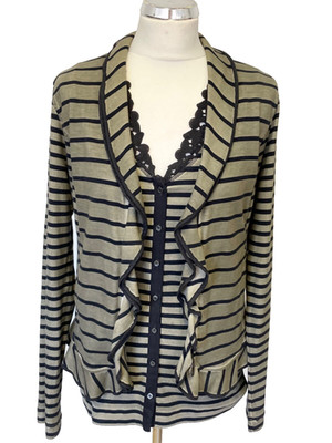  MARCCAIN SPORTS KHAKI & BLACK STRIPE SLEEVELESS TOP & JACKET SET SIZE 4 UK 14