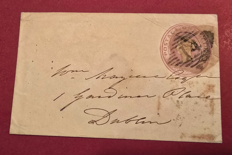 Great Britain 1852 Queen Victoria stamp 2.5x4" envelope Ashford to Dublin