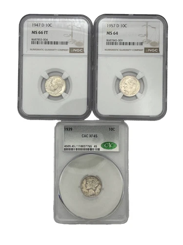 Mercury & Roosevelt Dime Lot-1939 CAC XF45, 1947-D NGC M66 FT, 1957 D NGC MS65