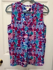 Cynthia Rowley V-Neck Sleeveless Top Women's L Multicolor Watercolor Print