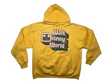 WALT DISNEY WORLD Yellow Warm RETRO-LOGO HOODIE Land Gym Sweatshirt Adult L