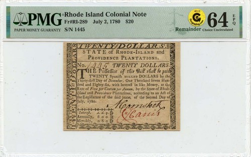1780 July 2, $20 Rhode Island Colonial Note FR#RI-289 PMG CU64 EPQ GCC Gold - Picture 1 of 2