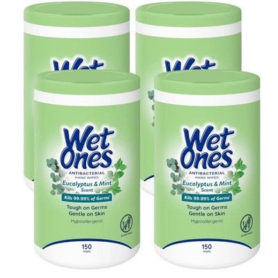 4 Pack Wet Ones Antibacterial Eucalyptus & Mint Hand Wipes Canister, 150 CT Each