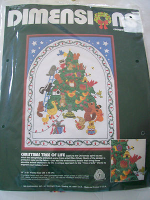 Vintage 1985 Dimensions Crewel Christmas Spirit Holiday Tree of Life Kit 14X18
