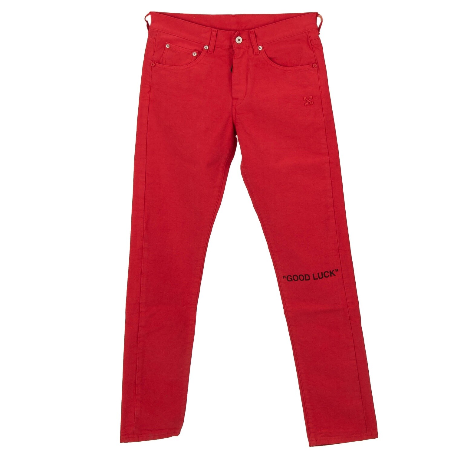 Белоснежные джинсовые брюки Virgil Abloh Good Luck Slim Fit с принтом и логотипом красного цвета 94790₽