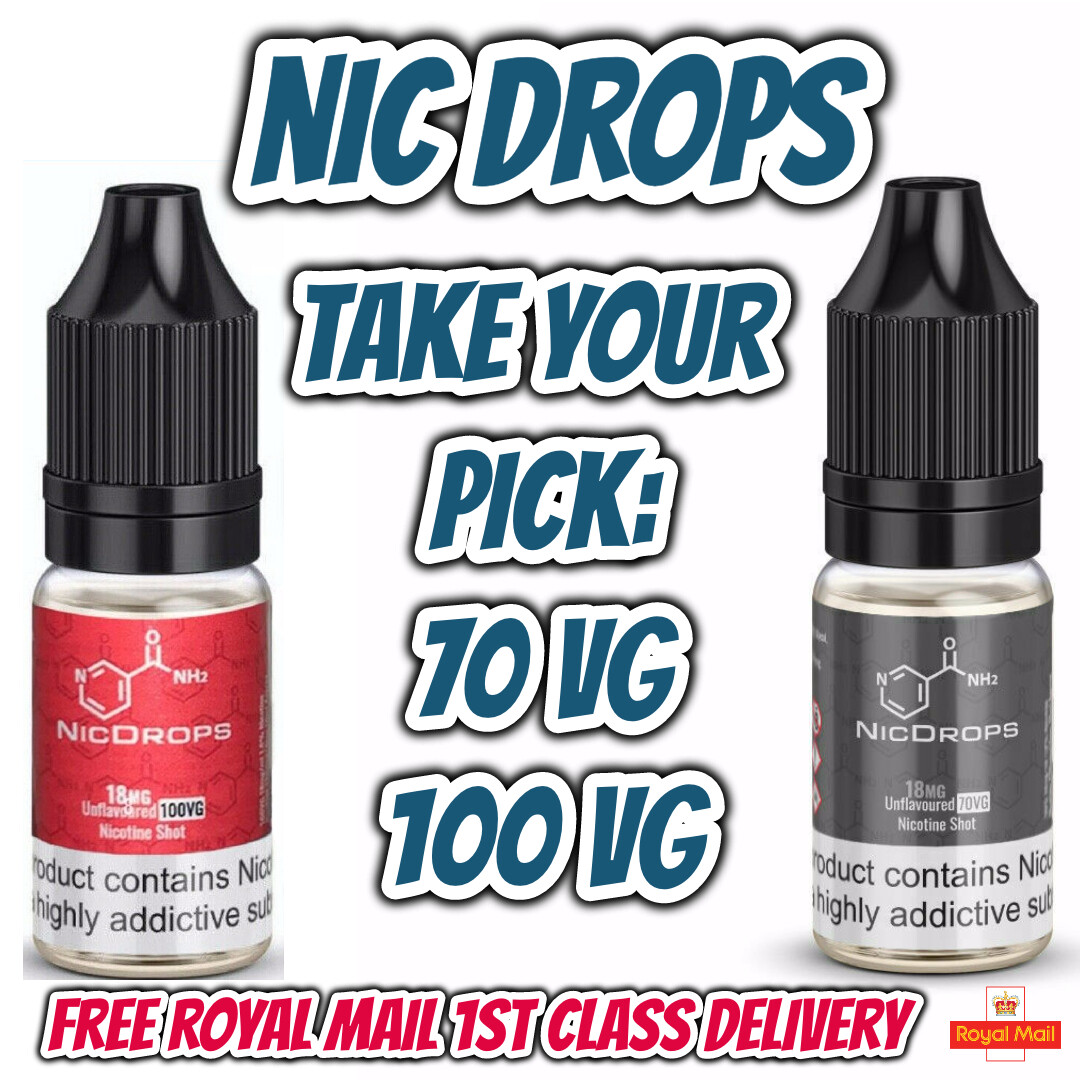 Nic Shots Drops NicDrops Nic Shots Ice 70% & 100% VG 10ml 18mg Vape e Liquid  UK