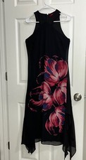 Jennifer Lopez Black Sleeveless Halter Dress with Vibrant Floral Print, XS-S