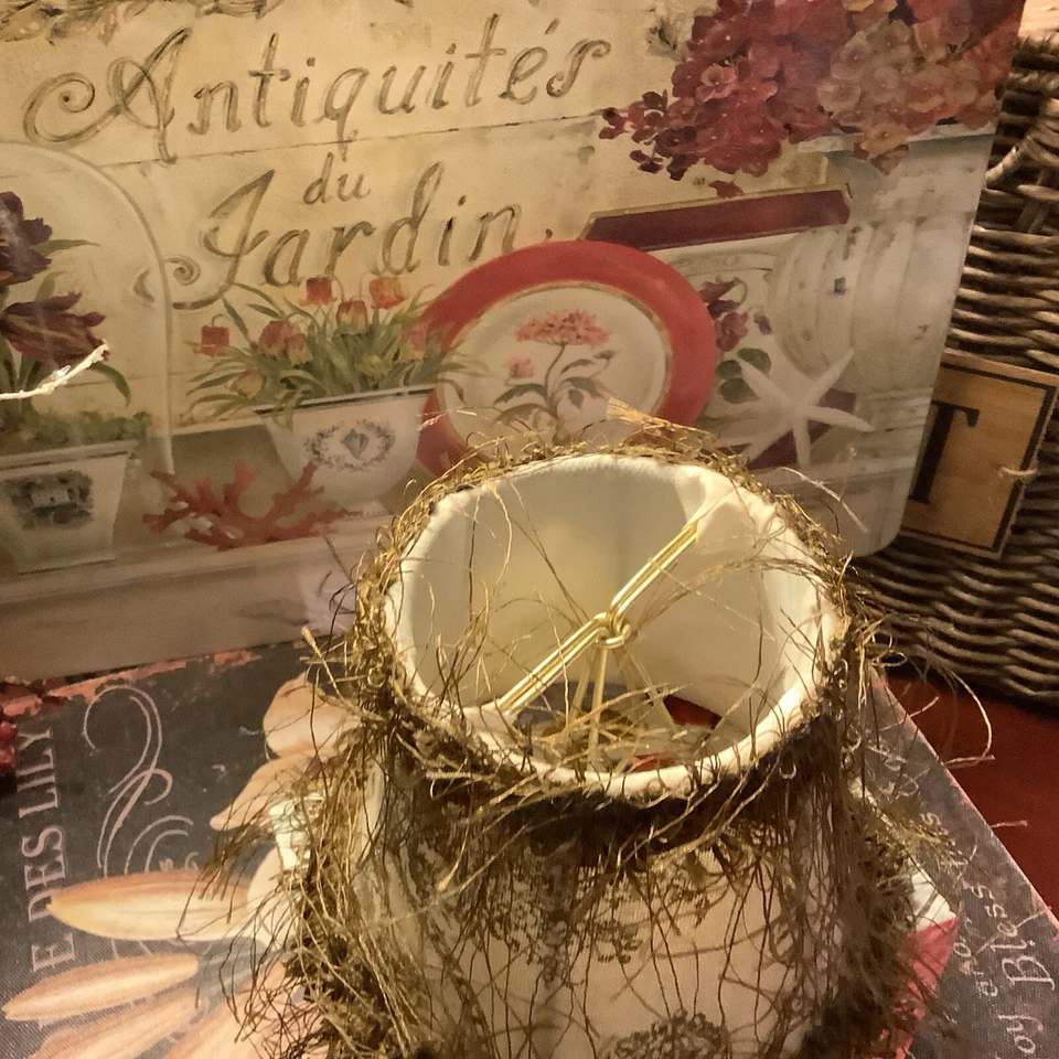 Pantalla de lámpara con clip ~ 4” H ~ aspecto de transferware marrón ~ tela ~ con flecos para pestañas ~ ENVÍO GRATUITO Foto 4 de 4