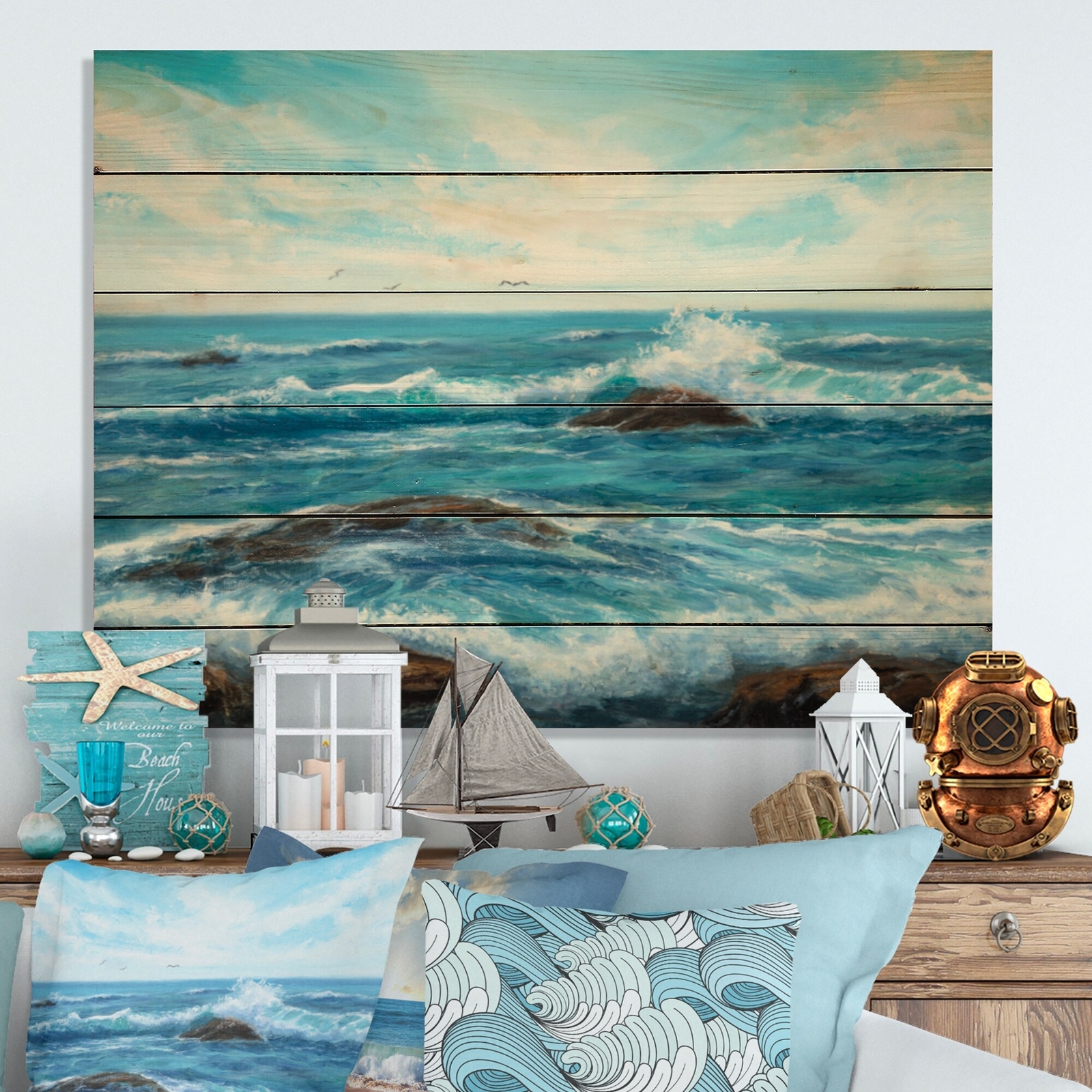 Designart 'Waves At Ocean Sea Shore' Nautical & Coastal Wood