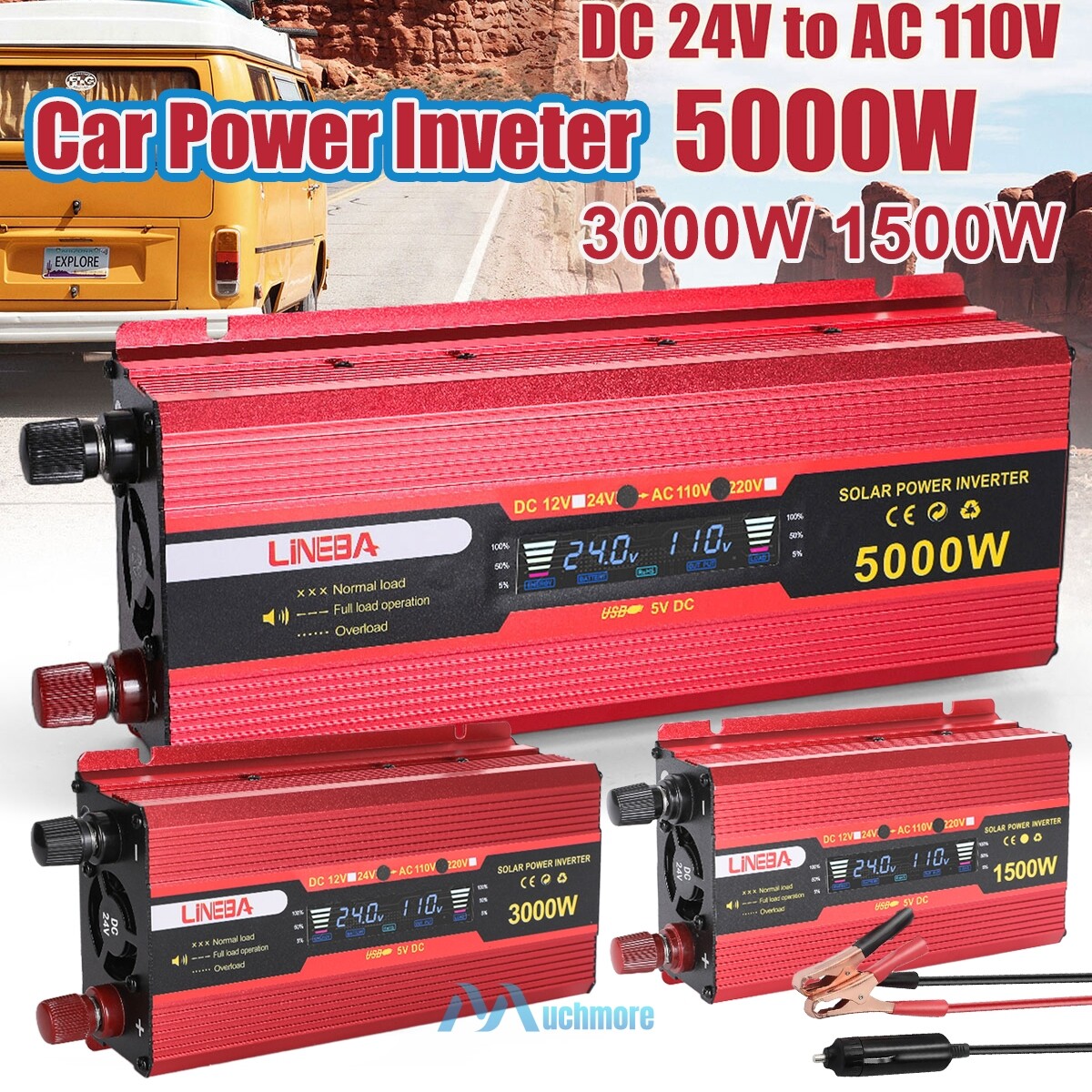 Power inverter 5000w converter 24v dc to 110v for car truck home ac lcd outdoor