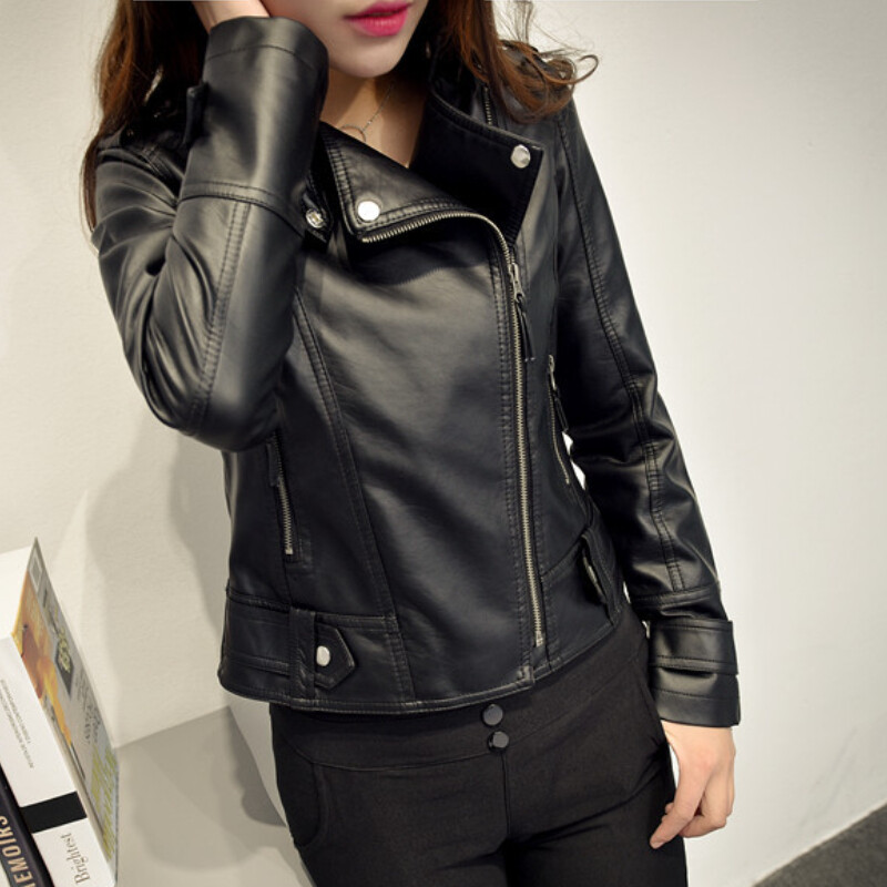 Women Faux Leather Coat Retro Short Zipper Motor Pu Red Jacket main image 0