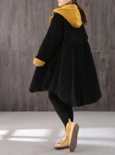 black Mid-length retro winter padded warm corduroy casual coat with brown toggle