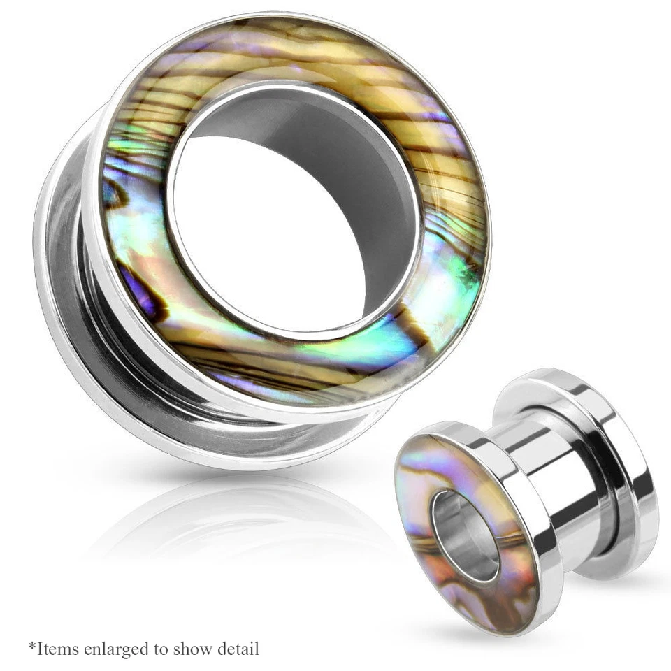 Ear Gauge Tunnels Pair of Mother of Pearl Rimmed 316L Surgical Steel Screw-Fit - Image 2 of 2
