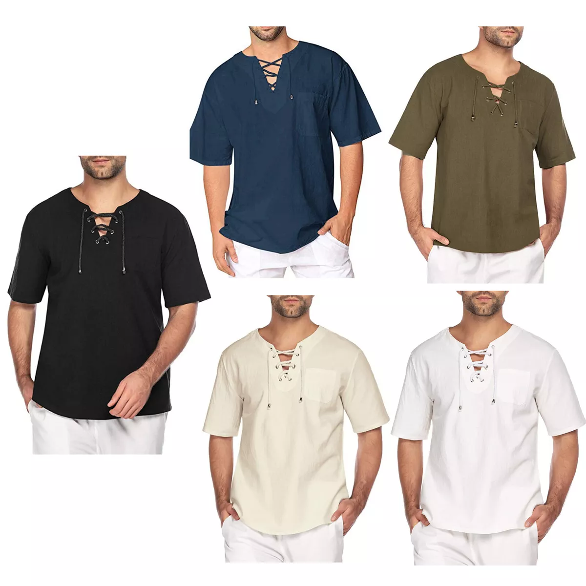 White Polo Shirt Mens Fashion Casual Solid Color Cotton V Neck