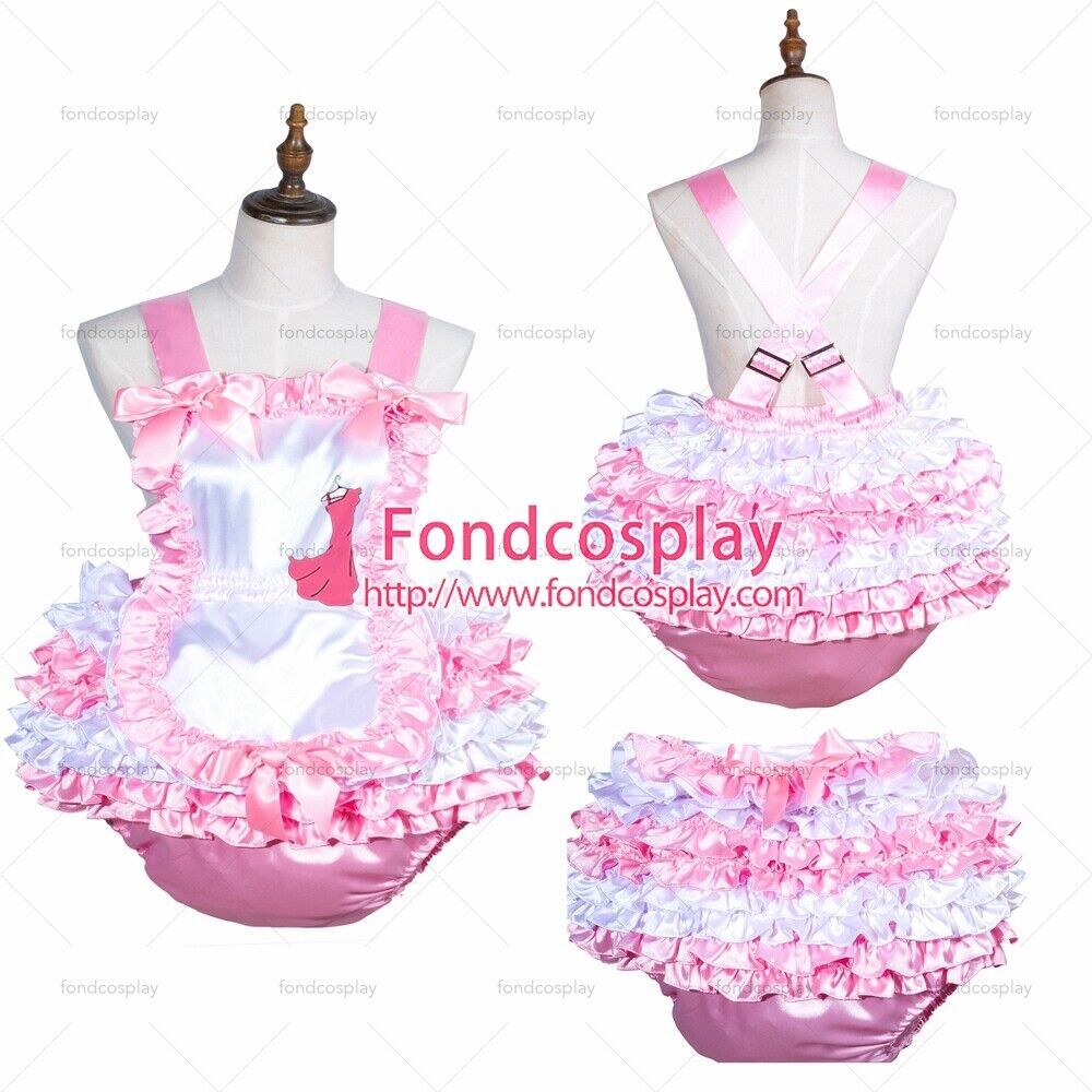 sissy maid baby pink satin dress jumpsuits rompers apron panties Tailor